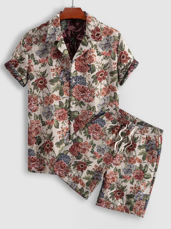 Men's floral print short-sleeved shirt and casual pants set