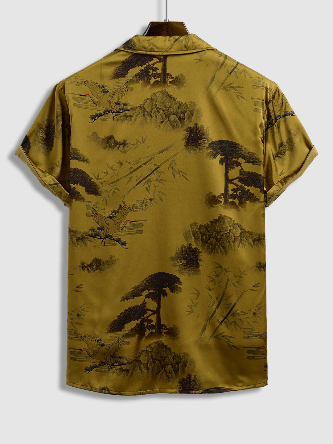 Men's Chinese Style Crane Satin Cuban Collar Shirt Casual Shorts Set