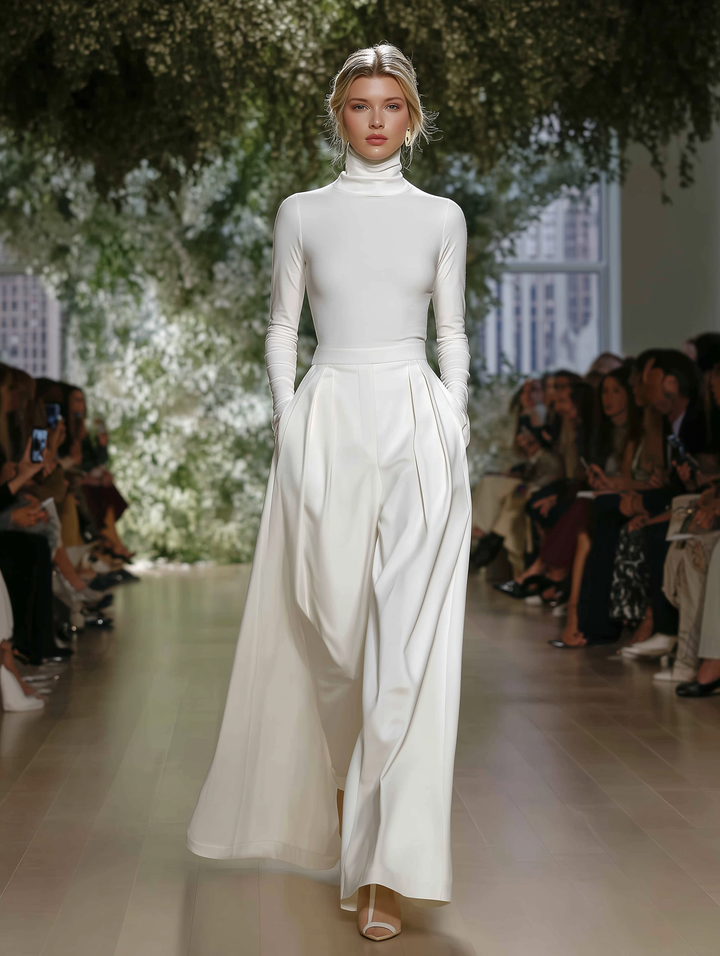 Women's Elegant White Knitted Stretch Turtleneck Slim-fit Long-sleeved Top Paired With Woven Wide-leg Trousers Set MDA2319L3AN
