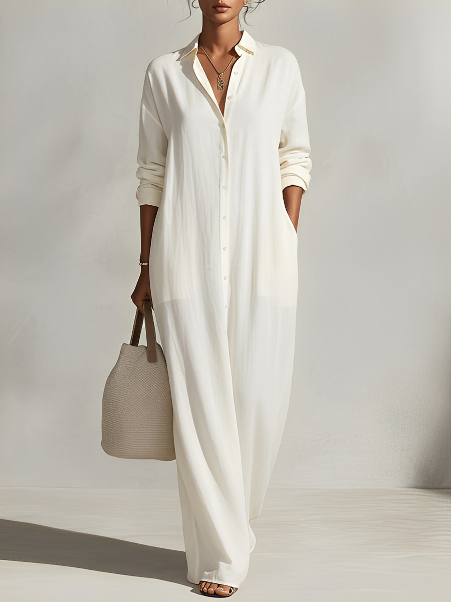 Women's Cream Textured Dress With Button-Front Detail & Relaxed Fit, Modern Casual-Chic Style Maxi Dress MDA1603L4I