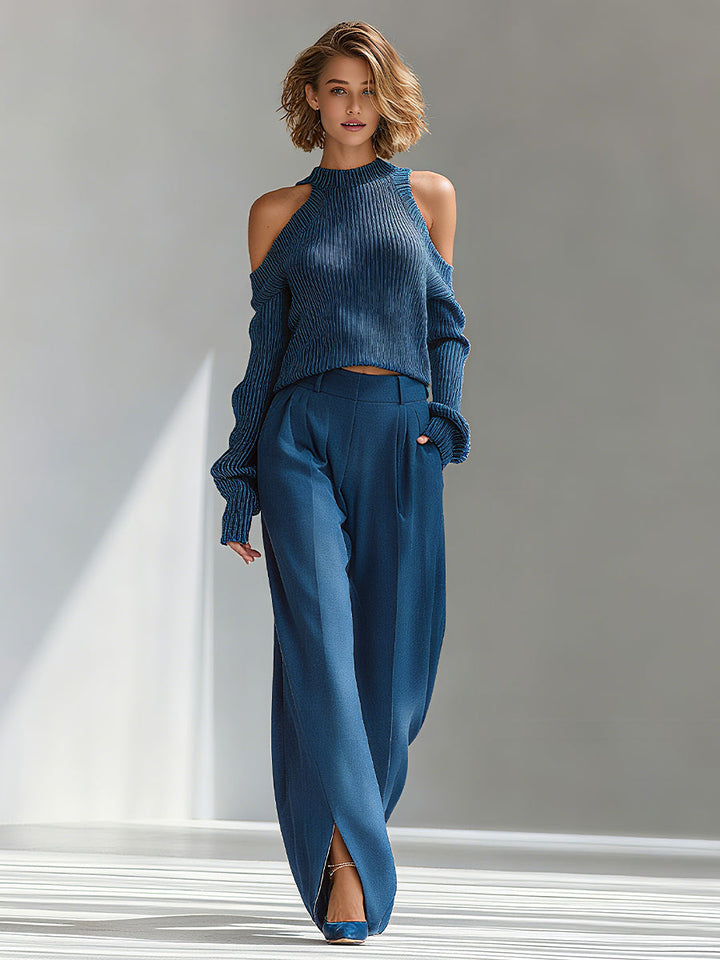 Women's Blue Elegant Ribbed Knit Cold - Shoulder Sweater And Wide - Leg Pants Set MDA1591I8I