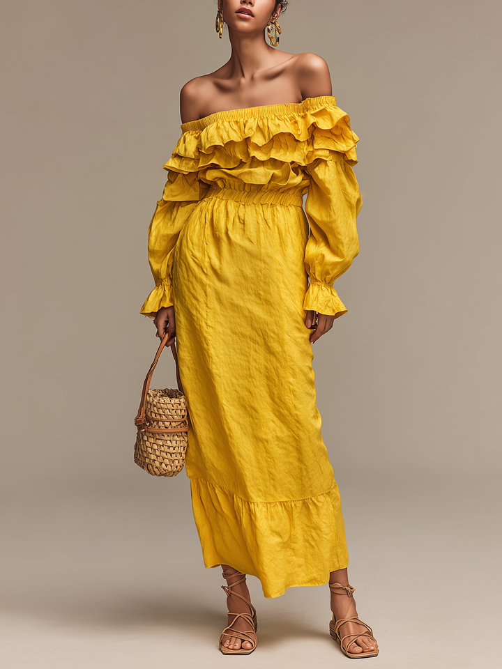Women's Fashionable Yellow Elastic Off-Shoulder Woven Long-Sleeved Midi Dress MDA1575L5AN