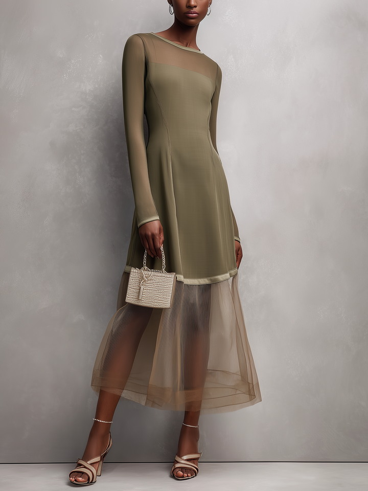 Women's Elegant Gray-green Round Neck Long-sleeved Slim-fit Stretch Knit Midi Dress MDA2329L4AN