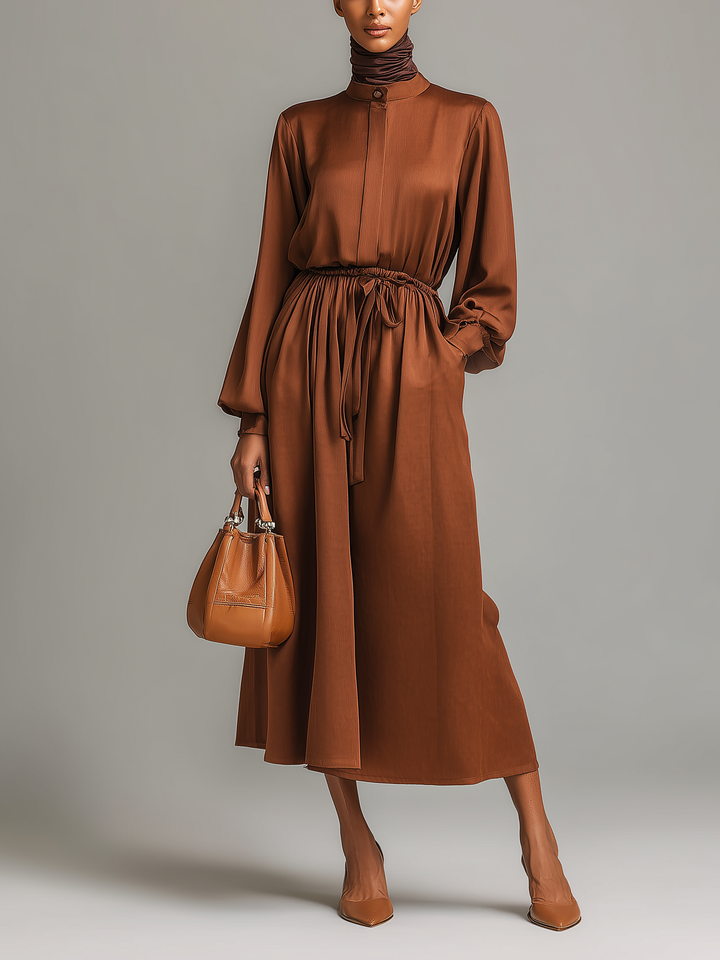 Women's Elegant Brown Satin Round Neck Long Sleeve Midi Dress With Gathered Waist MDA2346L8AN