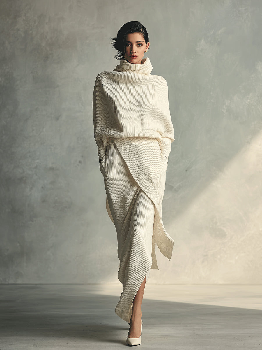 Women's Cream Elegant Rib - Knit Cowl Neck Wrap Skirt Set MDA1348H3I
