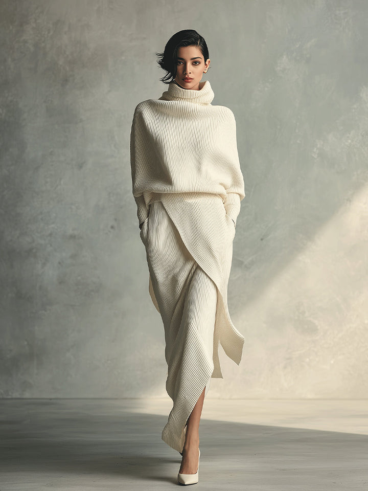 Women's Cream Elegant Rib - Knit Cowl Neck Wrap Skirt Set MDA1348H3I