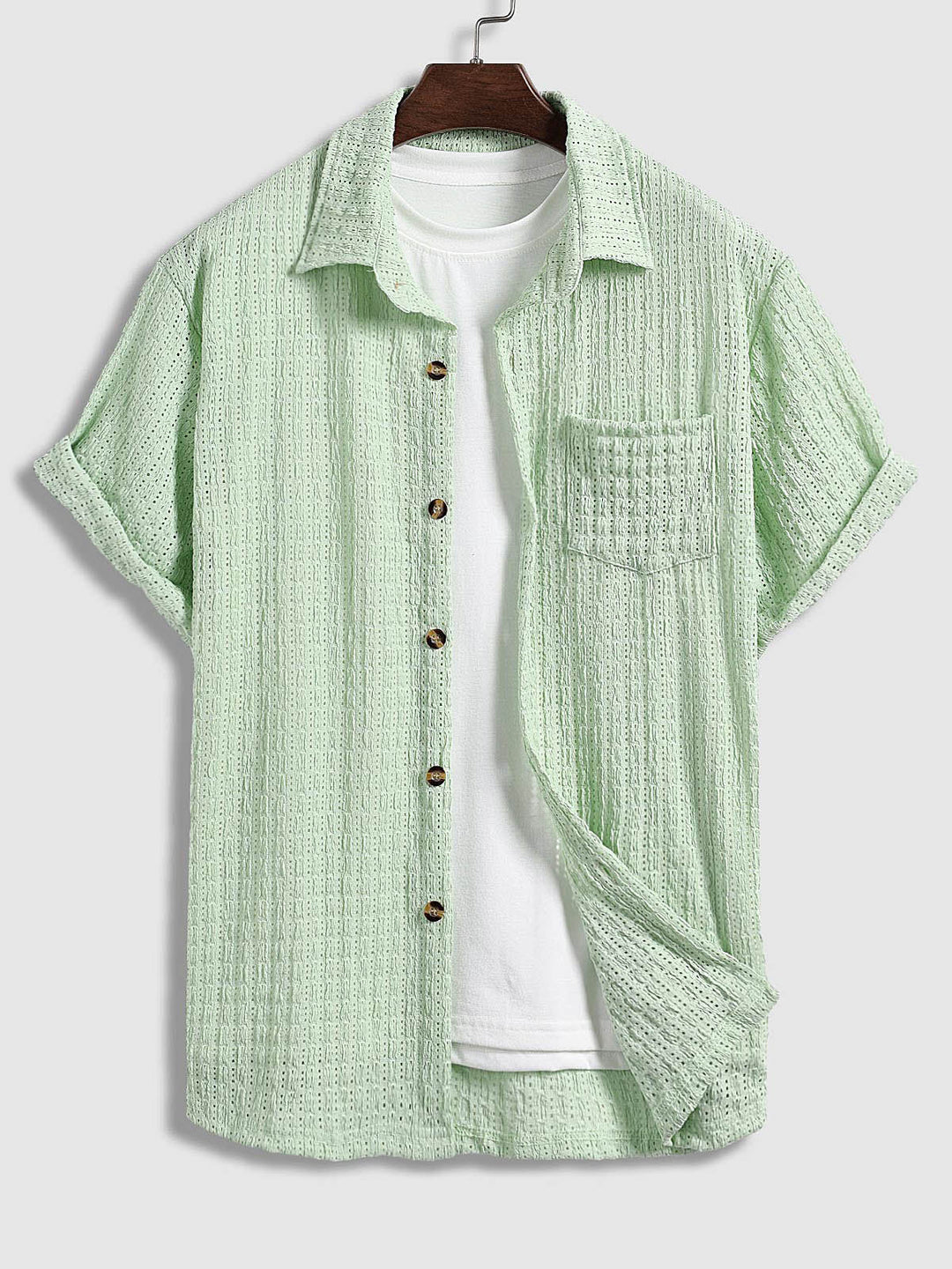 Men's Solid Color Hollow Button Short Sleeve Shirt