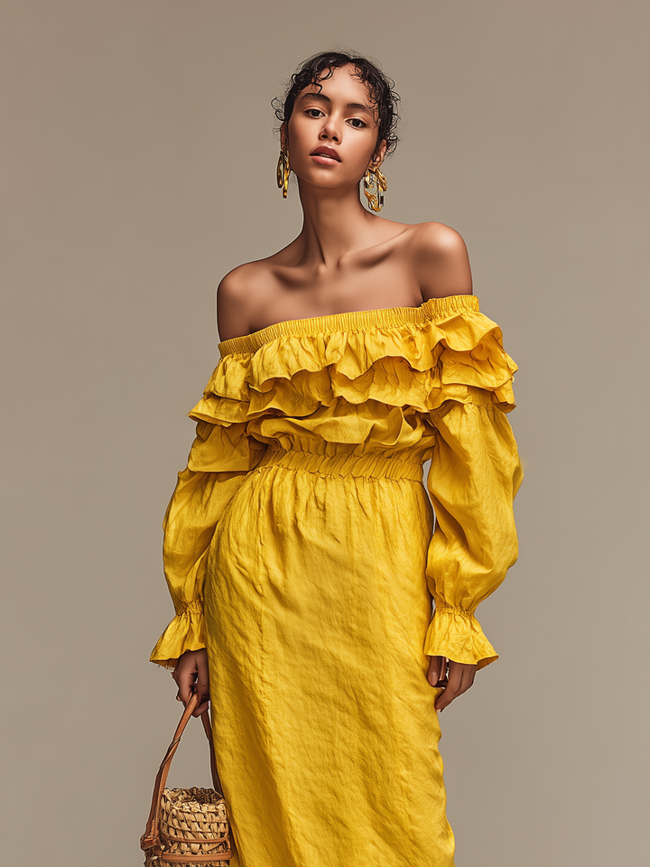 Women's Fashionable Yellow Elastic Off-Shoulder Woven Long-Sleeved Midi Dress MDA1575L5AN