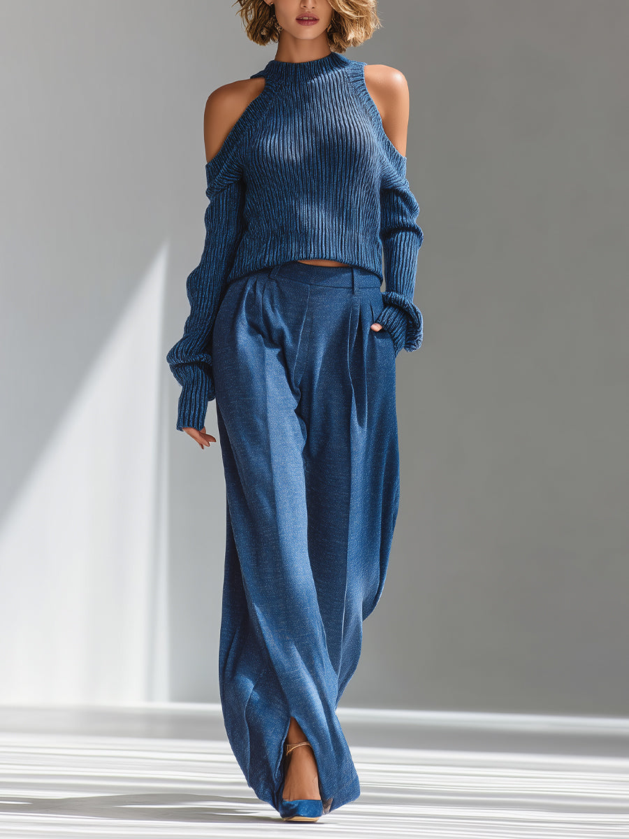 Women's Blue Elegant Ribbed Knit Cold - Shoulder Sweater And Wide - Leg Pants Set MDA1591I8I