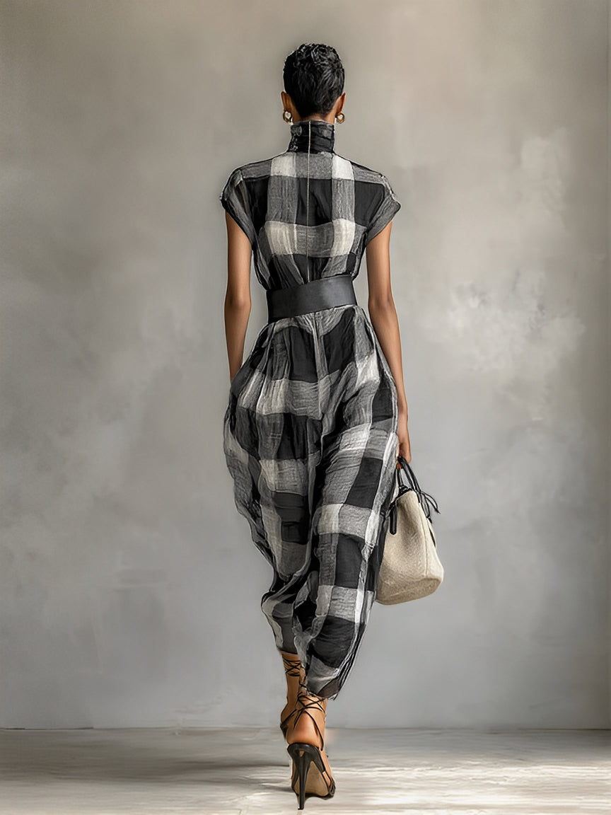Women's Plaid Cotton Blend High Collar Short Sleeve Belt Maxi Dress MDA0575G6Y