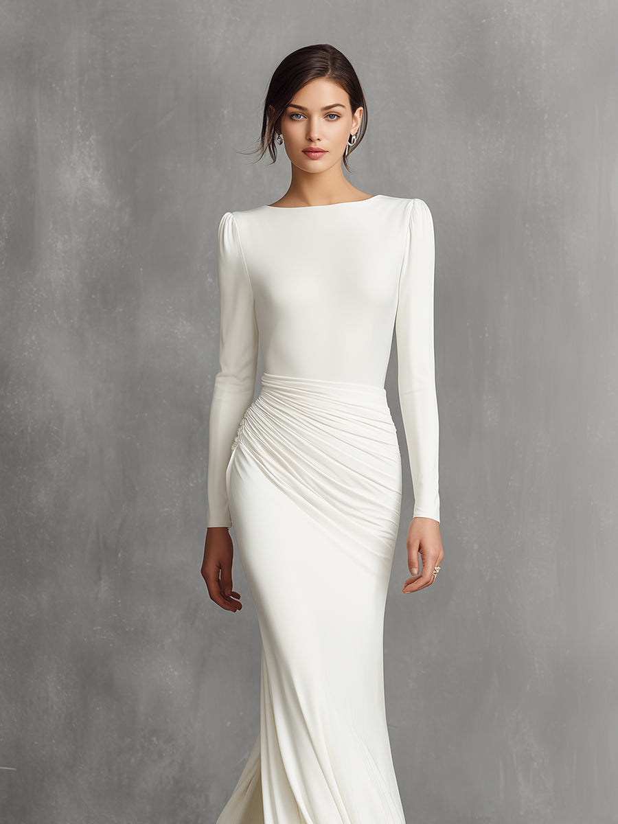 Women's White Elegant Satin Ruched Mermaid Maxi Dress MDA0910I5I