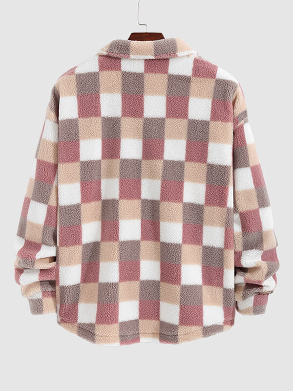 Men's Classic Plaid  Fluffy Faux Fur Single Pocket Button Lapel Jacket