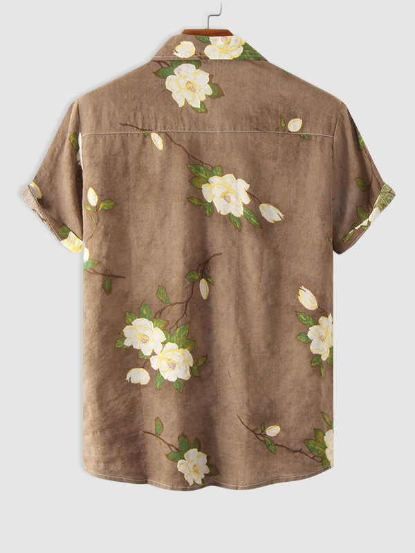 Men's Cotton Linen Printed Short Sleeve Shirt