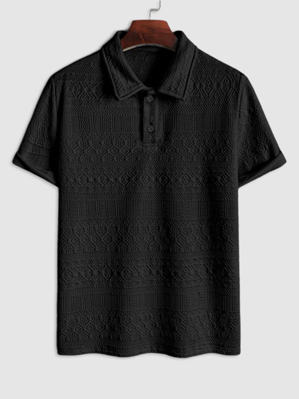 Geometric Retro Jacquard Polo + Casual Shorts 2-piece set-BLACK