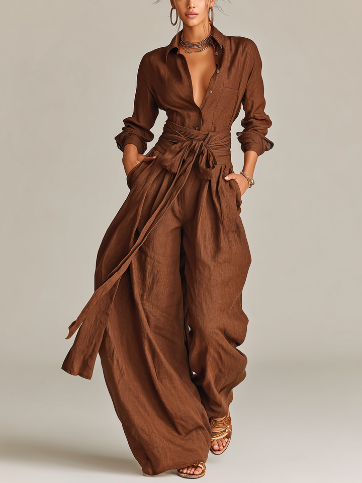 Women's Elegant Brown Woven Cotton-linen Long-sleeved Shirt Collar Jumpsuit With Belt MDA1965L9AN