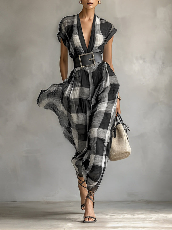 Women's Linen Blend Plaid V-neck Cap Sleeve Belt Maxi Dress MDA1915G6Y