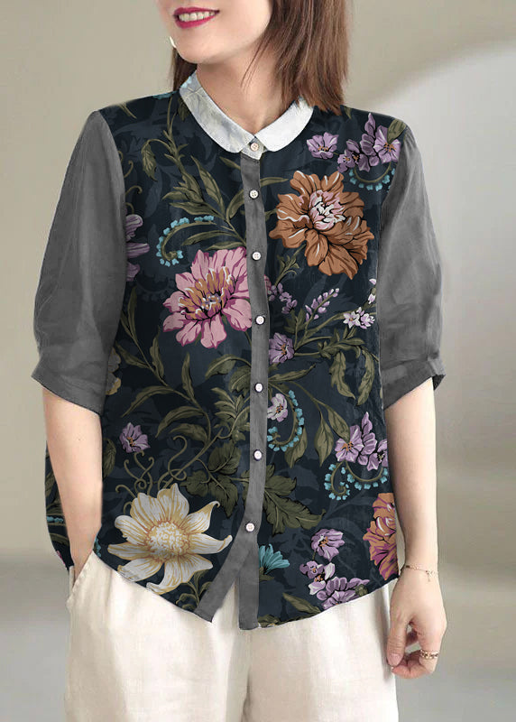 Beautiful Navy Peter Pan Collar Button Loose Fall Half Sleeve Shirt Tops