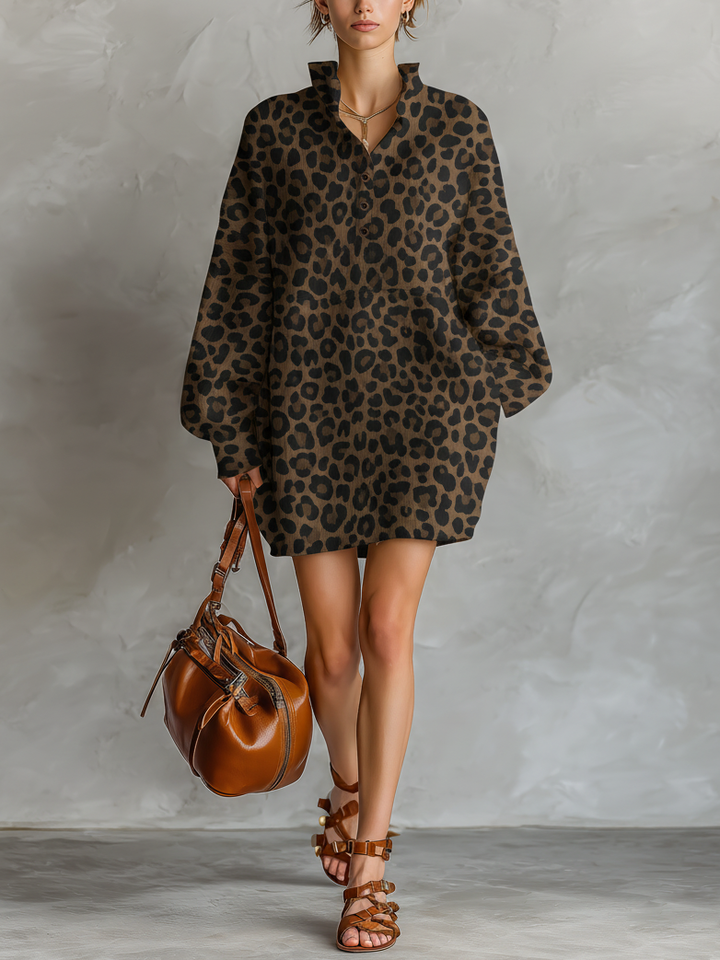 Women's Fashionable Brown Leopard Print Loose Open Neckline Long Sleeve Dress MDA1895L2AN