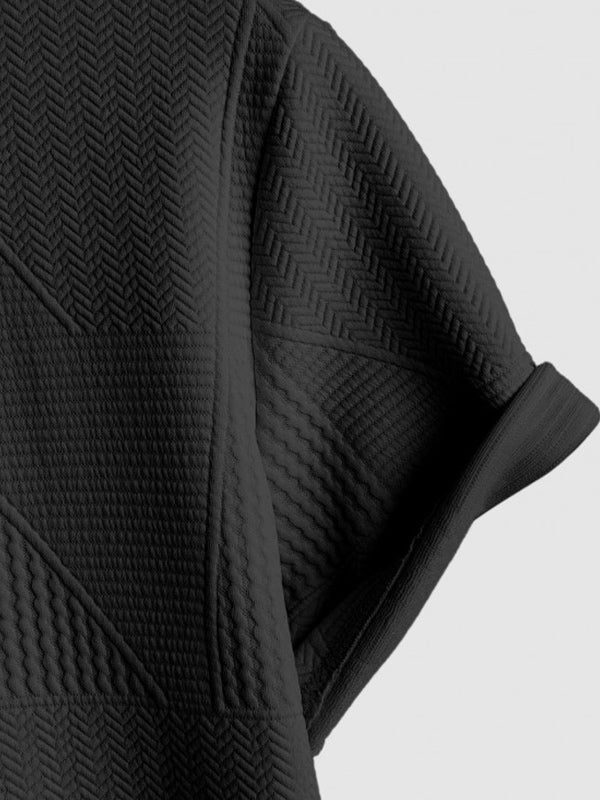 Geometric jacquard round  neck short sleeved T-shirt-Black