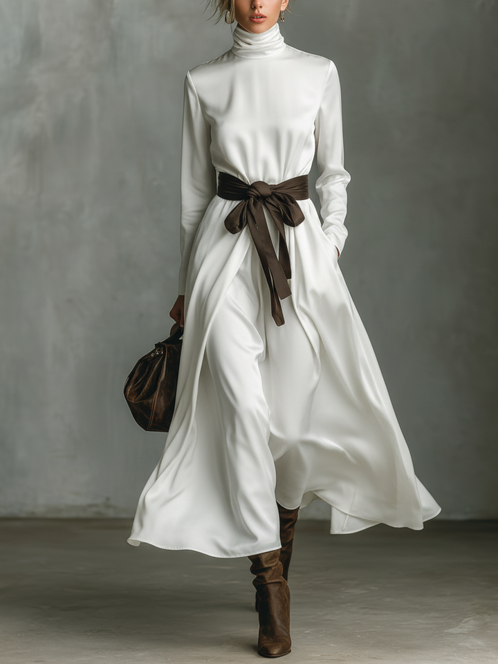 Women's Fashionable White Satin Turtleneck Long-sleeved Midi Dress With Belt MDA1977L7AN