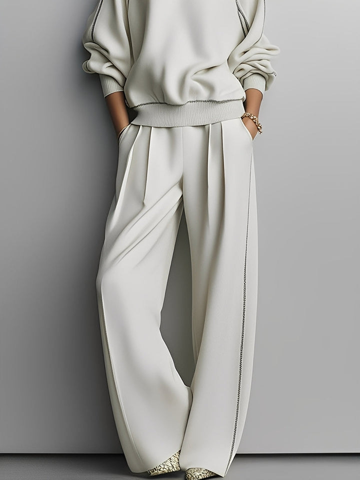 Women's Beige Textured Knit Co-Ord Set With Contrast Piping & Pleated Pants, Effortless Chic Style Set MDA2765J1I