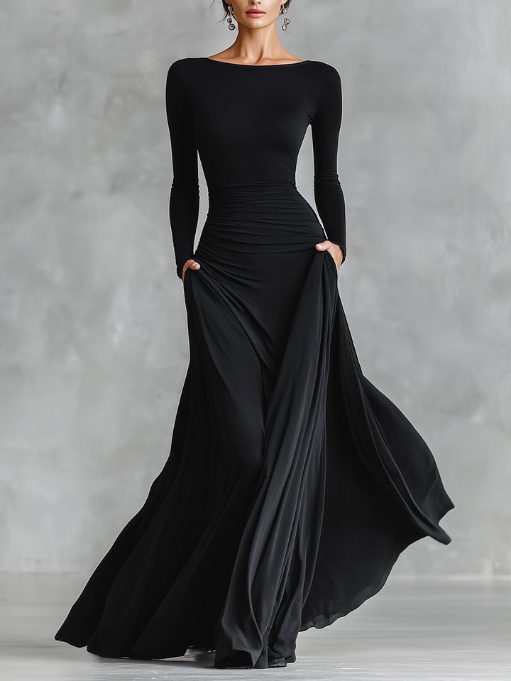 Women's Black Modern Crepe Ruched Boat - Neck Maxi Dress MDA1472J7I