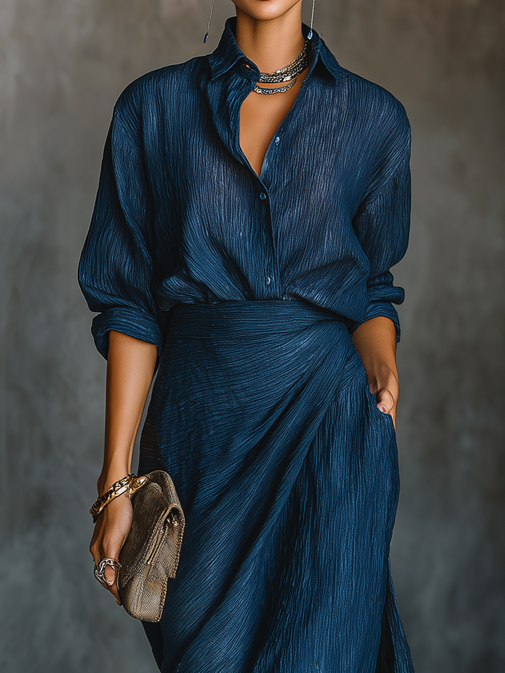 Women's Elegant Dark Blue Textured Pleated Fabric Shirt And Dress Set MDA0665H5T