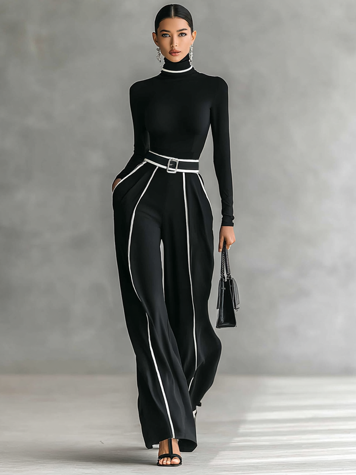 Women's White Trimmed Turtleneck Long Sleeve Top Wide Leg Pants Belt Two-Piece Set MDA1546G0Y