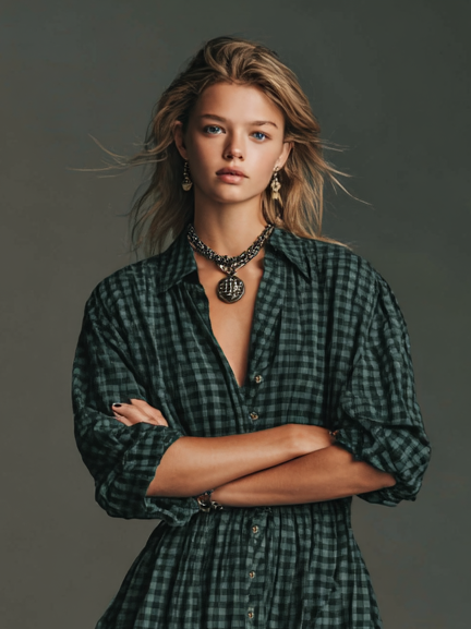 Women's Plaid Long Sleeve Shirt Maxi Dress MDA1241H2Y