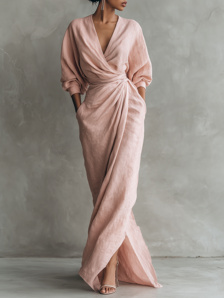 Women's  Pink Minimalist V-neck Linen Blend Maxi Dress MDA1655L0Y