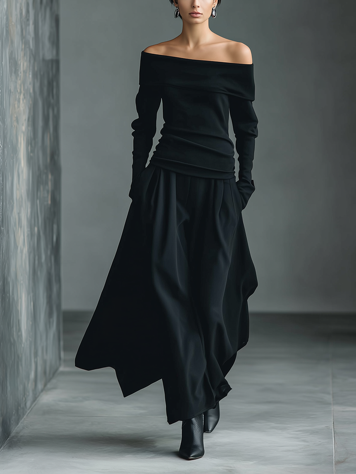 Women's Black Knit Off-Shoulder Fitted Top And Chiffon Skirt Set MDA1430K2T