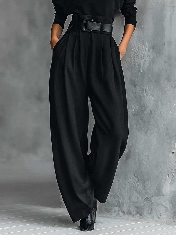 Women's All-black Turtleneck Long-sleeved T-shirt And Straight-leg Pants Two-piece Set (including Belt)MDA3095G6Y