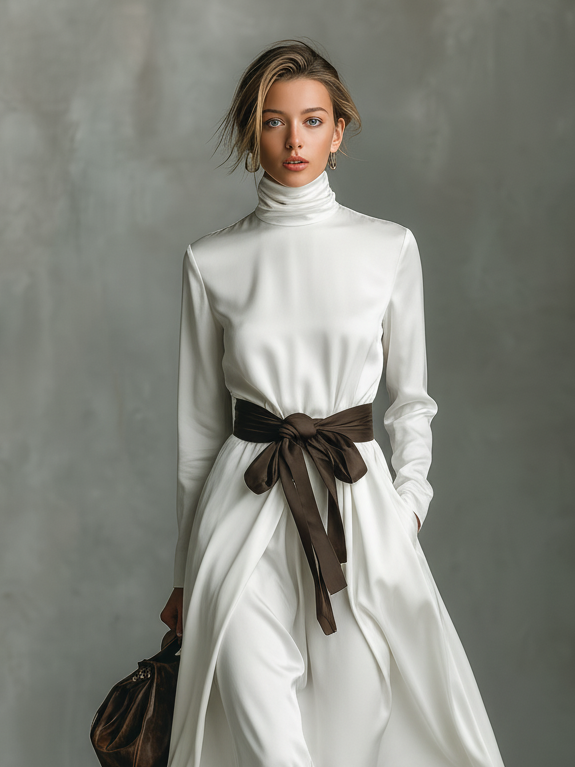 Women's Fashionable White Satin Turtleneck Long-sleeved Midi Dress With Belt MDA1977L7AN