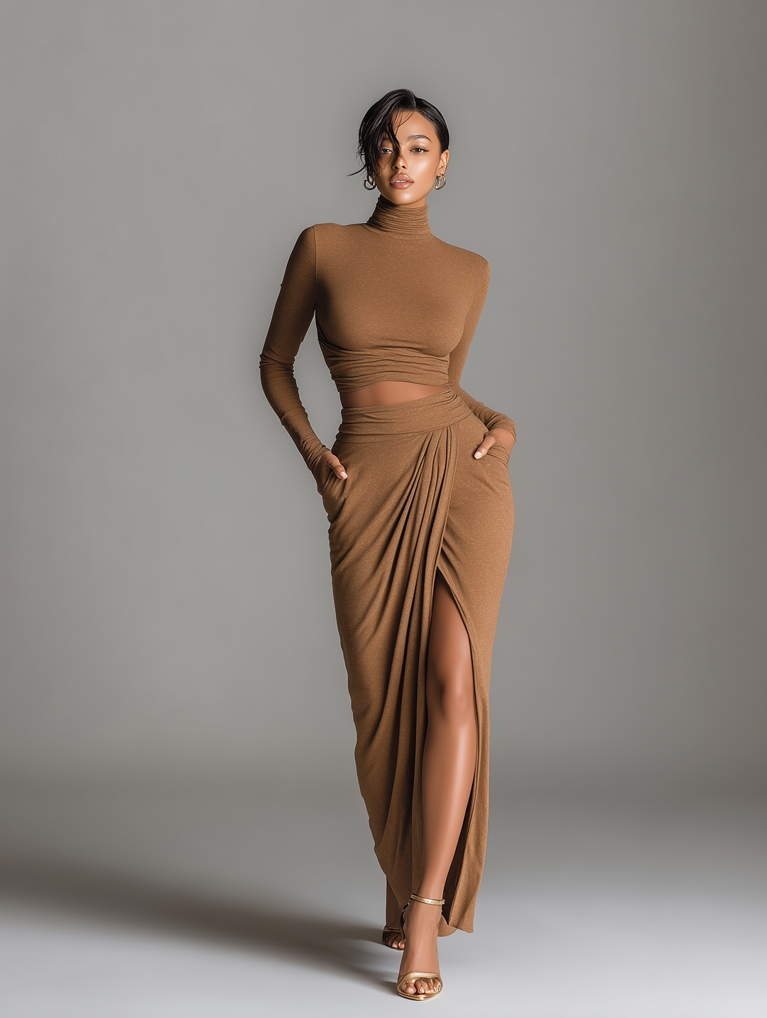 Women's Fashion Camel Stretch Knit Turtleneck Long-Sleeve Set With Skirt MDA1968L7AN