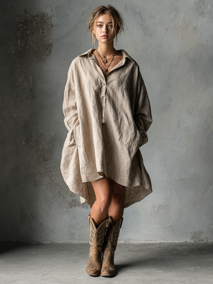 Women's Fashion Loose Cotton And Linen Button Lapel Mini Dress MDA1854H2Y
