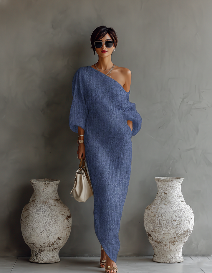 Women's Ivory White Cotton-Linen Blend One-Shoulder Flowing Elegant Dress MDA3032K4T
