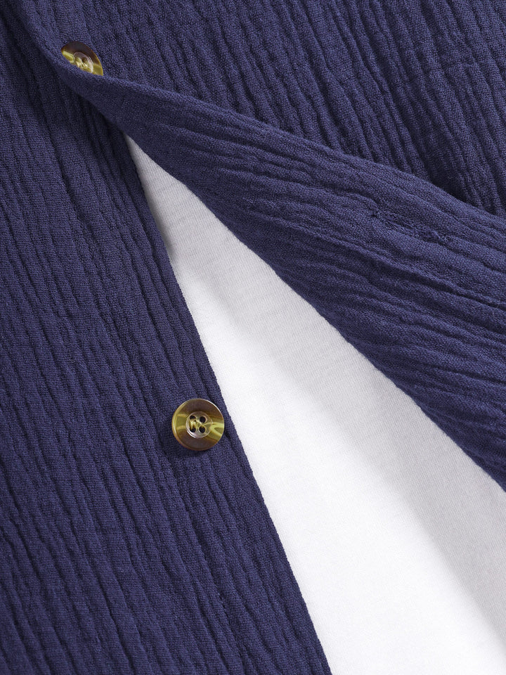 Men's pleated textured solid color short sleeve set