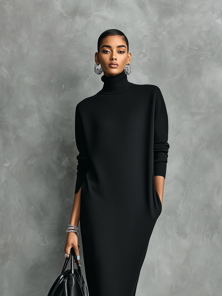 Women's Elegant Black Knitted Turtleneck Long-sleeved Loose-fitting Maxi Dress With No Pockets MDA1974L7AN