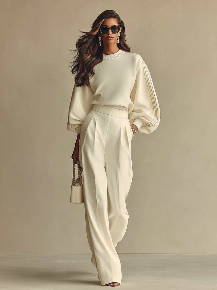Women's Ivory Textured Set With Ribbed Crew Neck & High-Waisted Bottoms, Modern Sophisticated Style Set MDA2231L6I