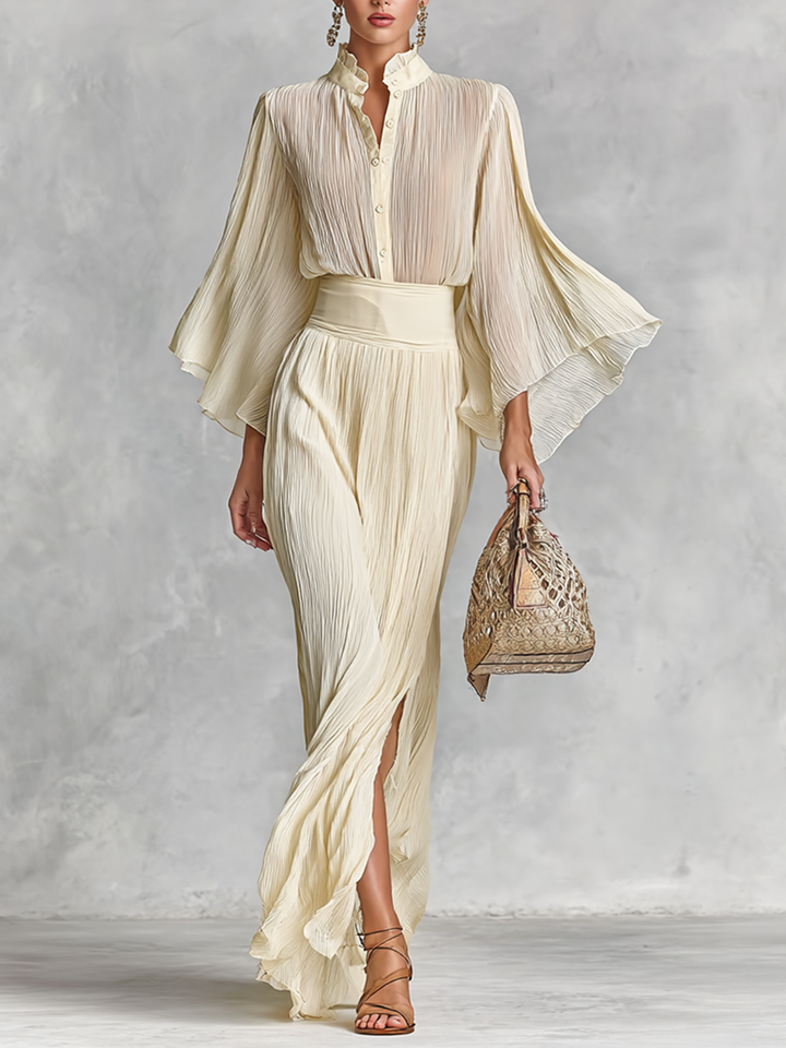 Women's Pleated Chiffon Stand Collar Trumpet Sleeve Shirt Slit Floor Length Skirt Two-piece Set MDA2202G8Y