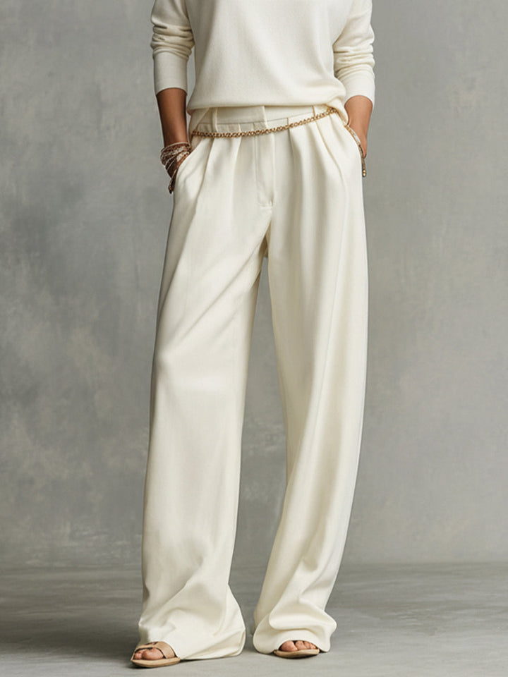 Women's Cream Soft Knit Chic Turtleneck Top & Flowy Wide-Leg Pant Set MDA0185K5I