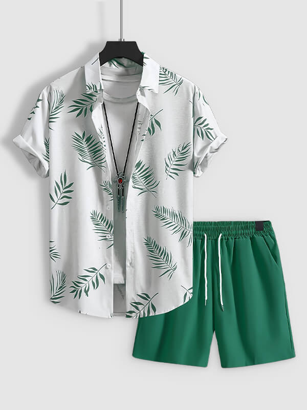Men's Leaf Print Casual Short-Sleeve Shirt and Shorts Set