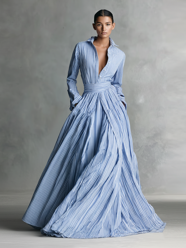 Women's Striped Polyester-cotton Blend Shirt Collar Belt Maxi Dress MDA0656K7Y