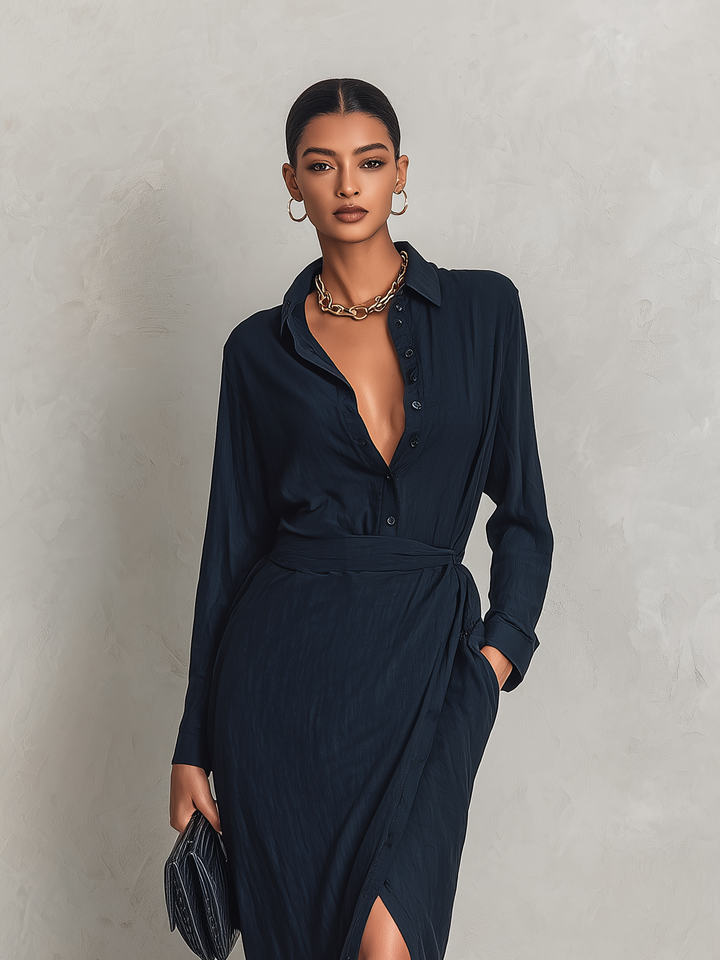 Women's Elegant Dark Blue Woven Shirt Collar Long-sleeved Dress MDA1945L5AN