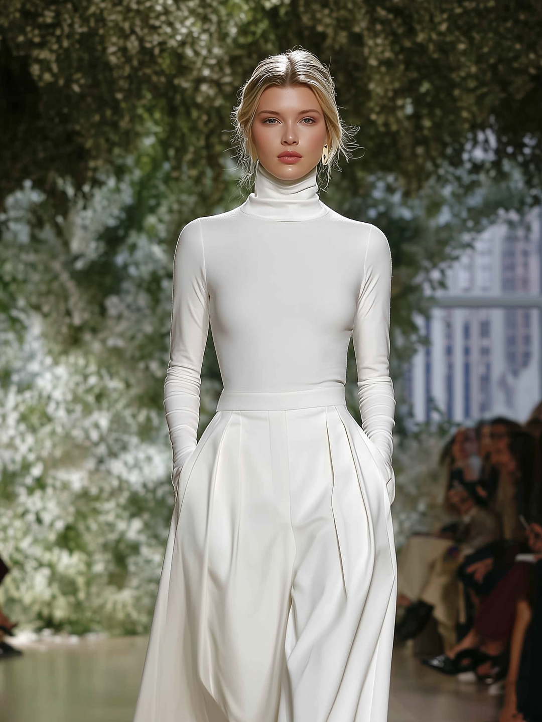 Women's Elegant White Knitted Stretch Turtleneck Slim-fit Long-sleeved Top Paired With Woven Wide-leg Trousers Set MDA2319L3AN