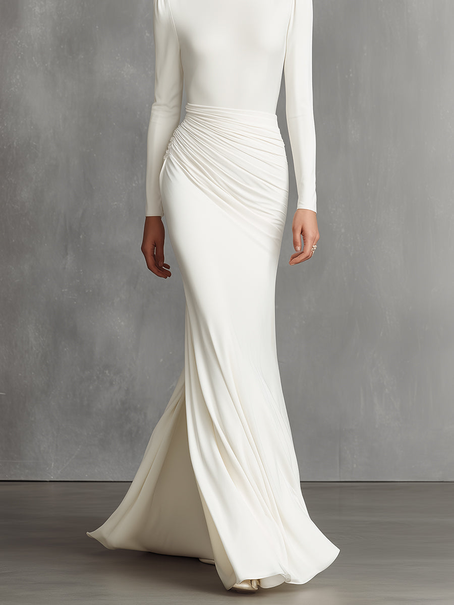 Women's White Elegant Satin Ruched Mermaid Maxi Dress MDA0910I5I
