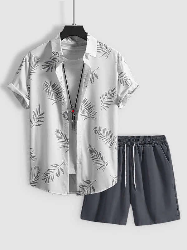 Men's Leaf Print Casual Short-Sleeve Shirt and Shorts Set