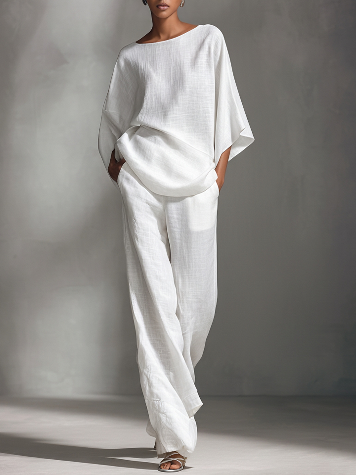 Women's Relaxed Linen-Blend White Boat-Neck Batwing-Sleeve Oversized Top & Wide-Leg Pants Set MDA2065L5AU