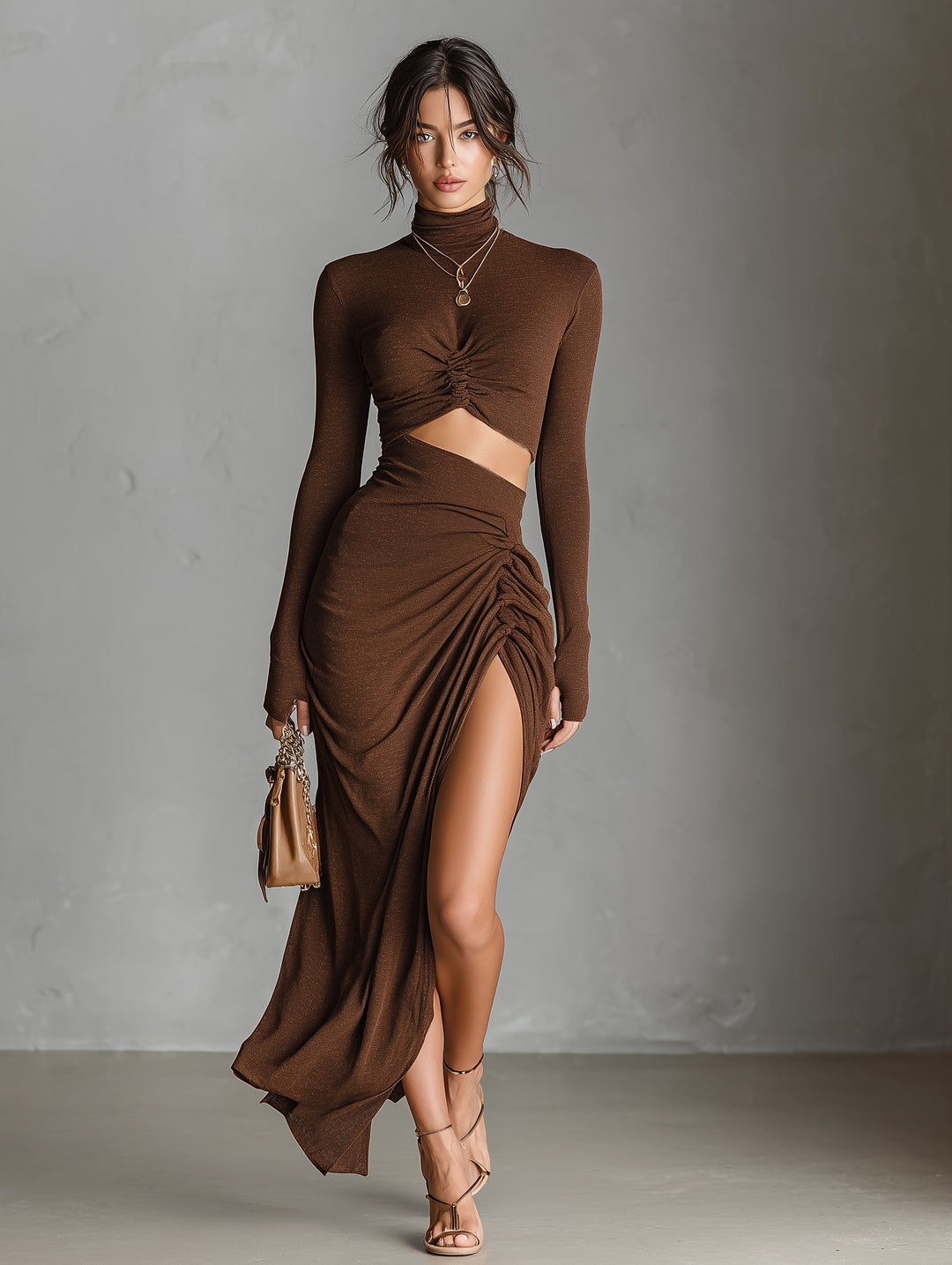 Women's Fashionable Brown Knitted Stretch Long-sleeved Dress MDA1939L9AN