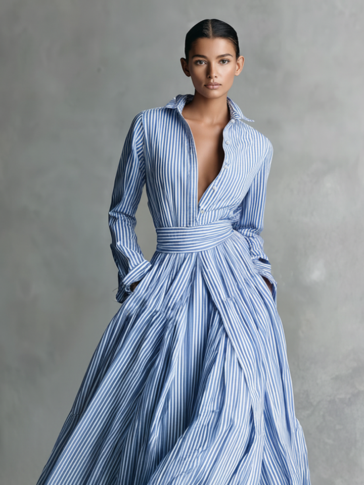 Women's Striped Polyester-cotton Blend Shirt Collar Belt Maxi Dress MDA0656K7Y